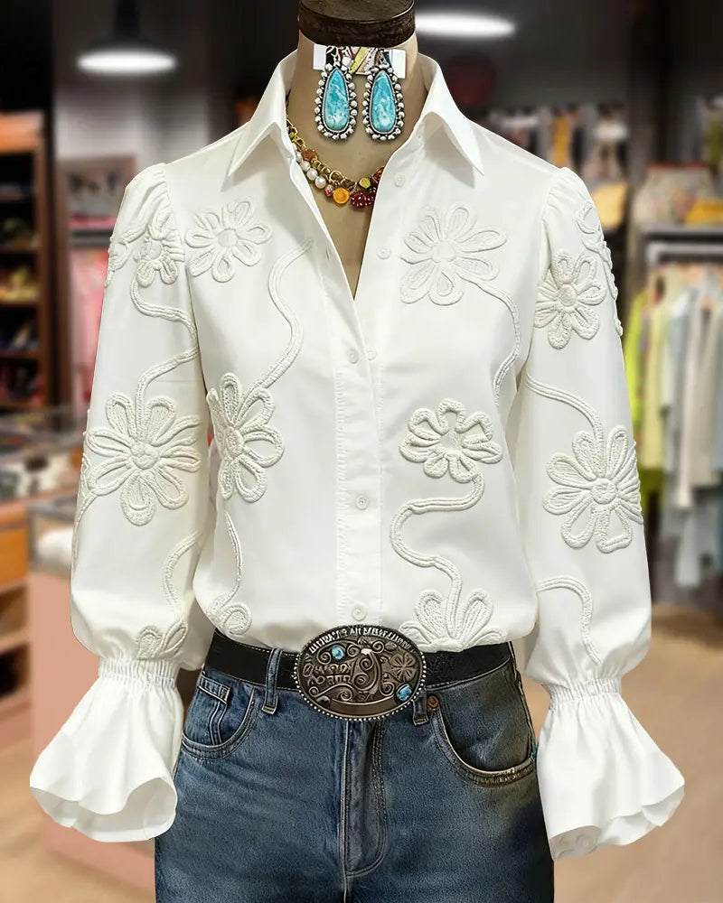 Flower Flare Sleeve Mandarin Collar Shirt