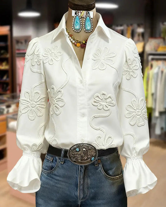 Flower Flare Sleeve Mandarin Collar Shirt blouses & shirts spring summer