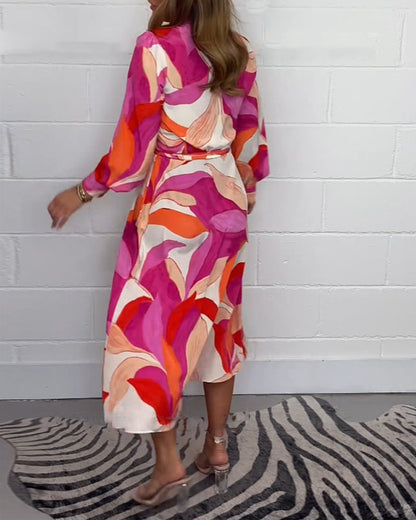 Colorful leaf print long-sleeve V-neck tie dress casual dresses spring summer