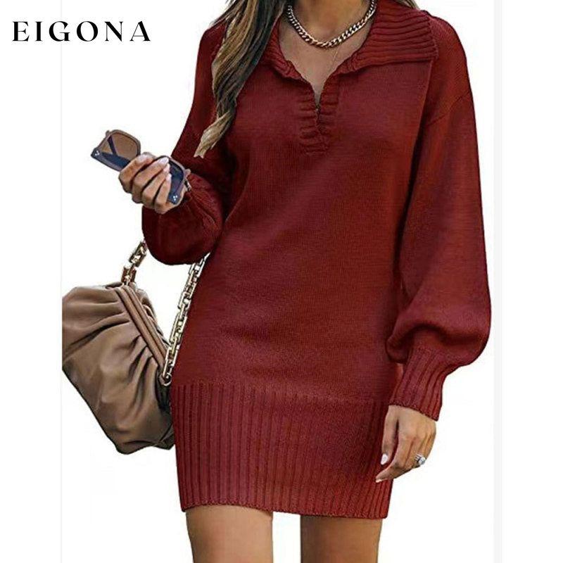 New women's sweater mid-length skirt lapel lantern sleeve pullover loose knitted sweater Wine Red Clothes