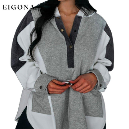 Medium Grey Plus Size Colorblock Patchwork Curved Hem Henley Hoodie All In Stock clothes Craft Patchwork EDM Monthly Recomend Hot picks long sleeve shirt long sleeve shirts Print Color Block Season Winter shirt shirts Style Casual Sweater sweaters