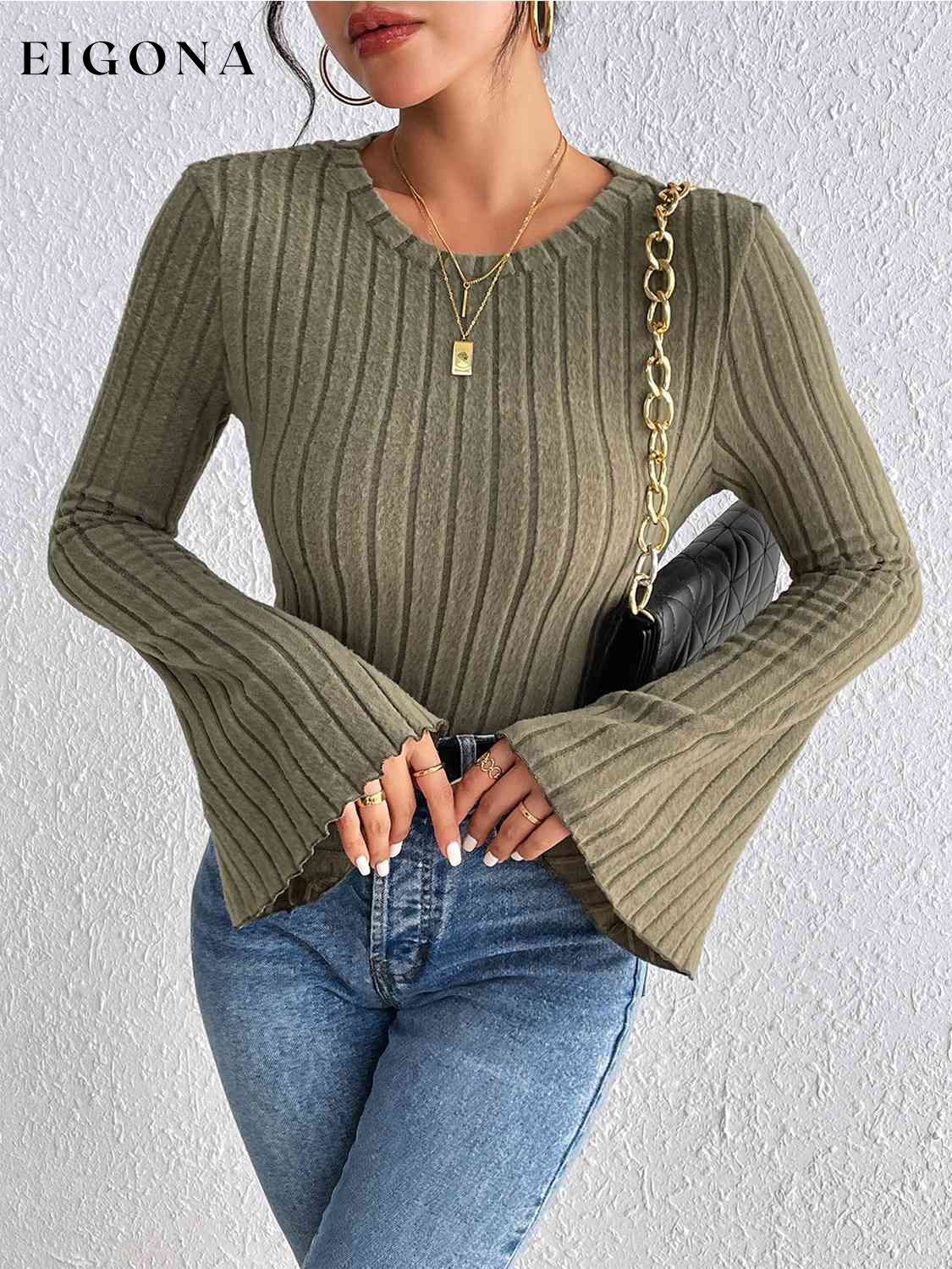 Ribbed Round Neck Flare Sleeve Top clothes HS Ship From Overseas