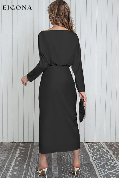 Boat Neck Long Sleeve Twisted Midi Dress clothes dress dresses long dress Ship From Overseas SYNZ