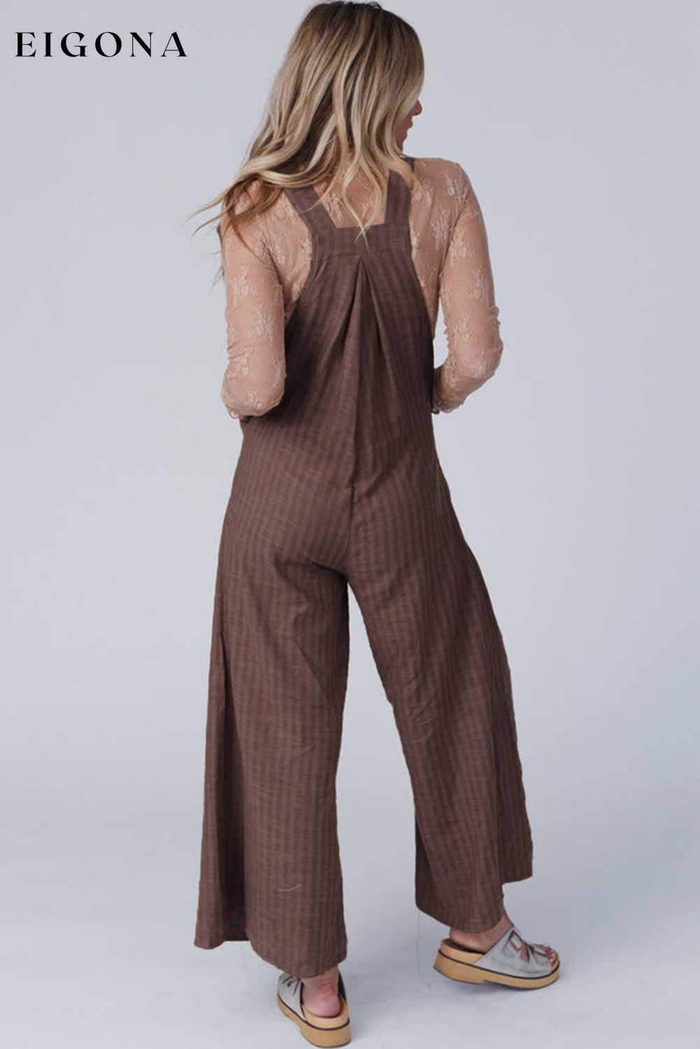 Chicory Coffee Striped Pleated Wide Leg Pocketed Jumpsuit