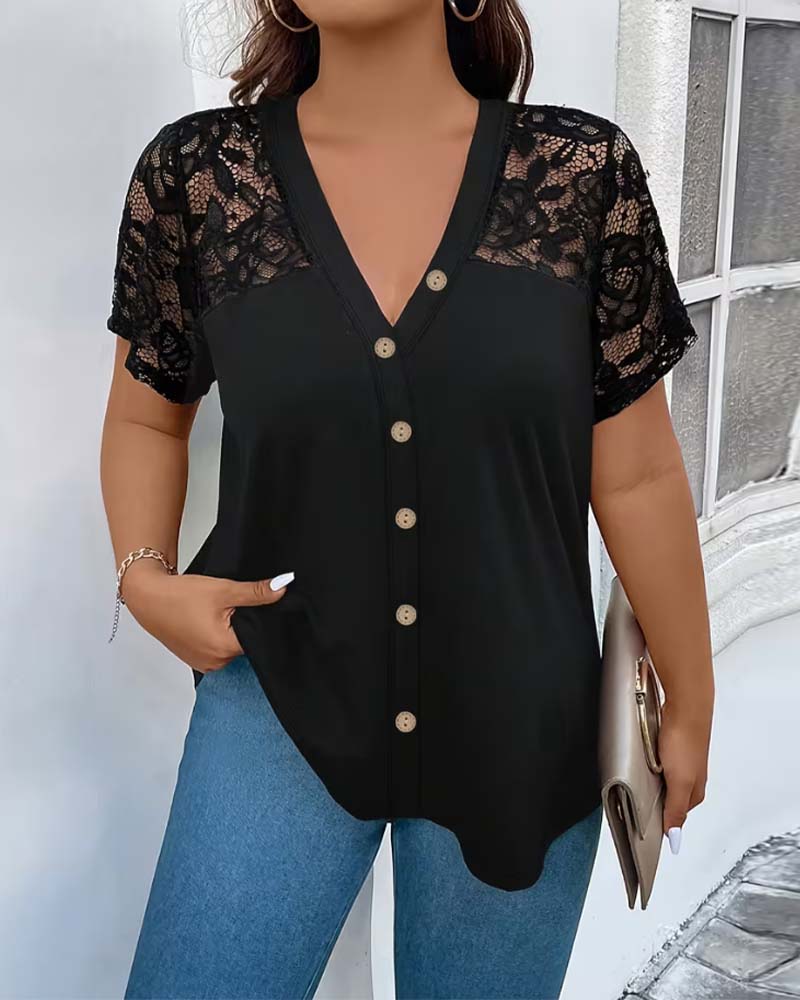 Lace Stitching V-Neck Wooden Button Blouse