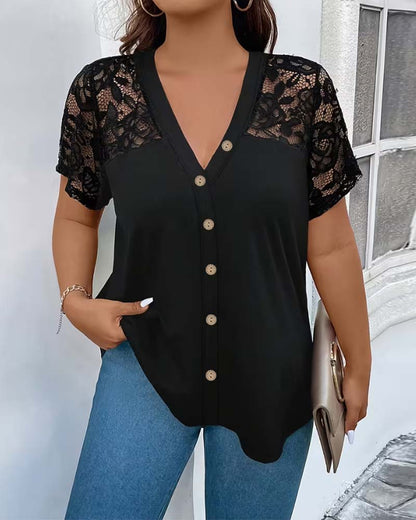 Lace Stitching V-Neck Wooden Button Blouse