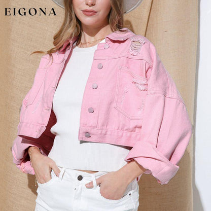 Cropped Collared Neck Dropped Shoulder Denim Jacket Blush Pink clothes DE.O.Z.X Ship From Overseas Shipping Delay 09/29/2023 - 10/06/2023 trend