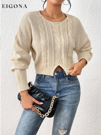 Cable-Knit Slit Drop Shoulder Sweater clothes Ship From Overseas Shipping Delay 09/30/2023 - 10/03/2023 Sounded sweater sweaters top