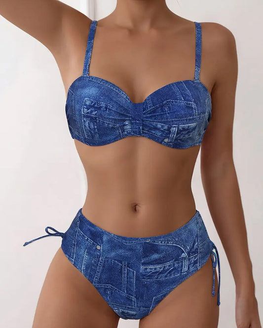 Costume da bagno due pezzi con reggiseno allacciato in denim