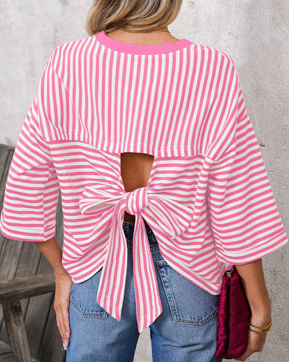 Crew Neck Back Hollow Bow Striped T-Shirt