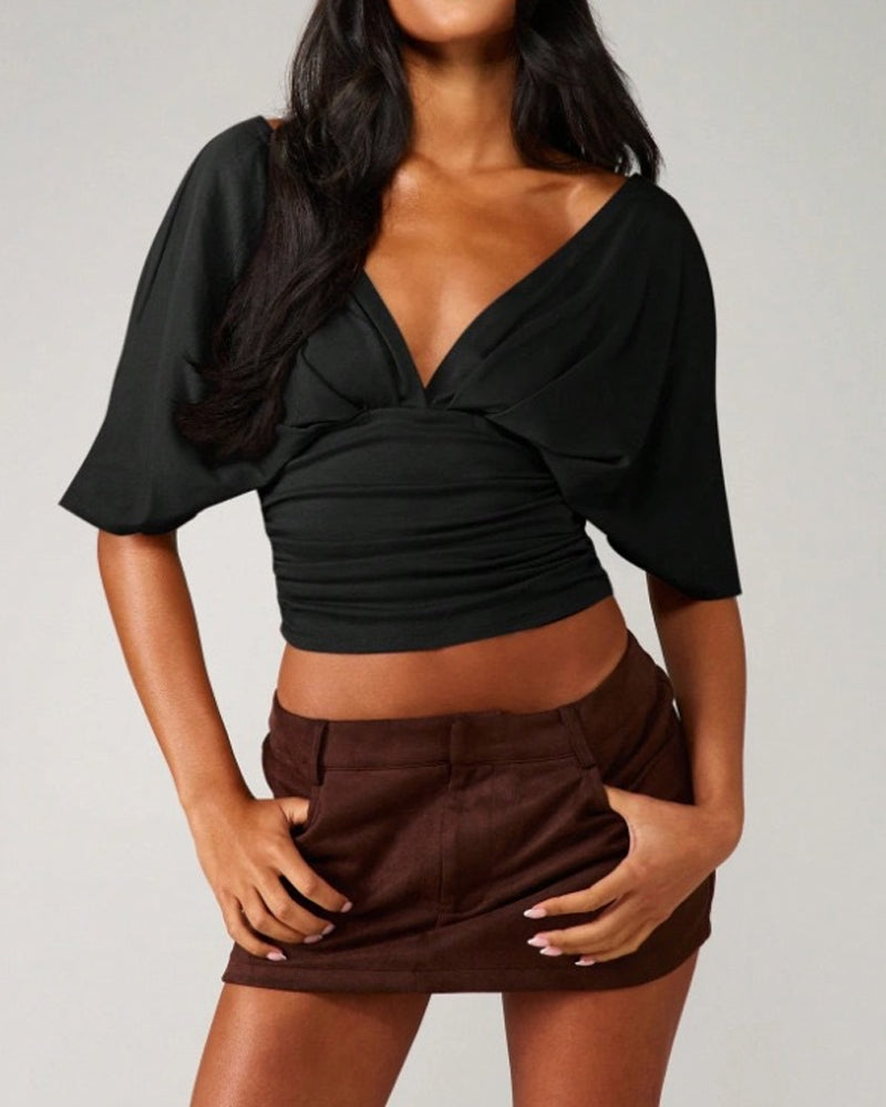 V-Neck Batwing Sleeve Waist Tie Top