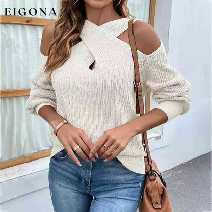 Crisscross Cold-Shoulder Sexy Sweater White clothes long sleeve shirts long sleeve top Ship From Overseas Shipping Delay 10/01/2023 - 10/02/2023 shirt shirts sweater sweaters top tops Y*X