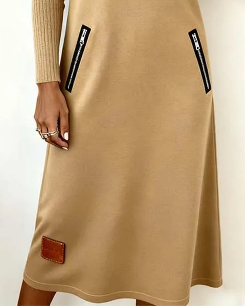 Lapel Zippered Solid A-Line Dress 2024 f/w casual dresses spring