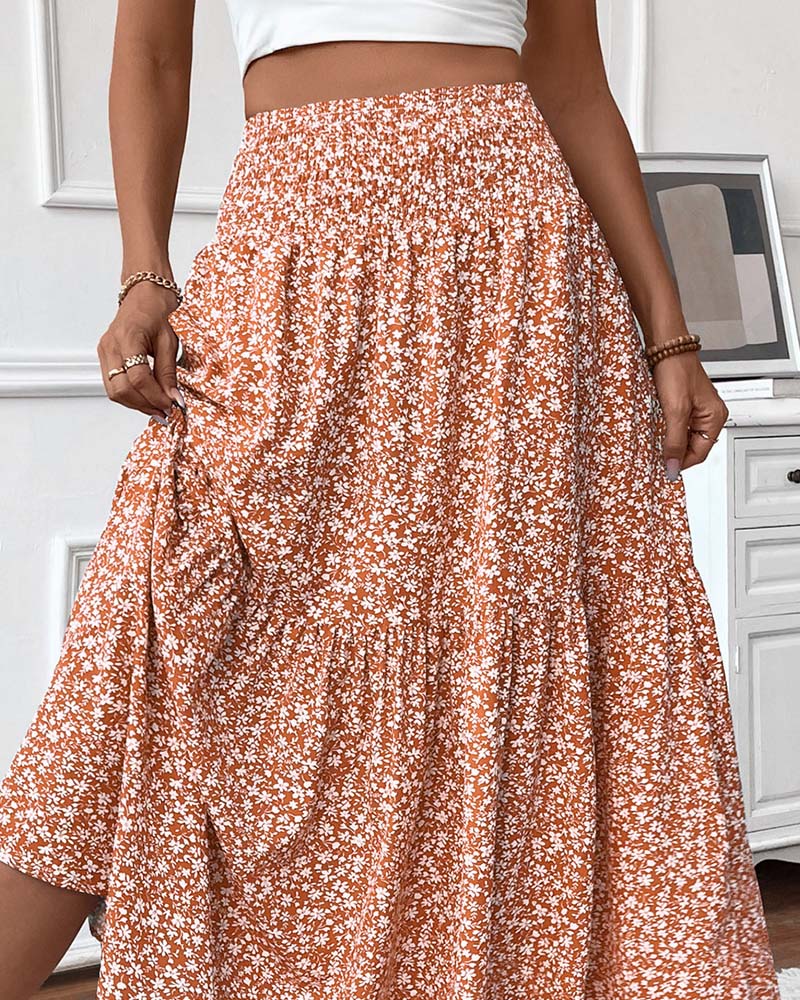 Layered Tiny Flower Print A-Line Long Skirt