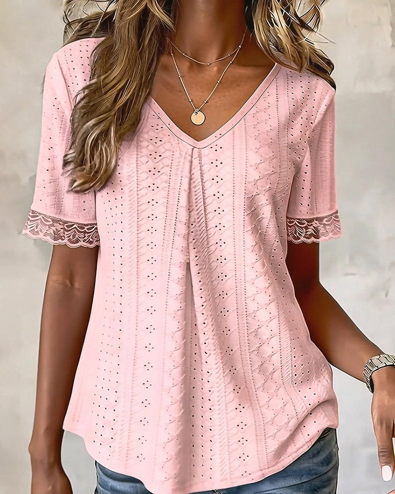 Solid Color V-Neck Cutout Blouse