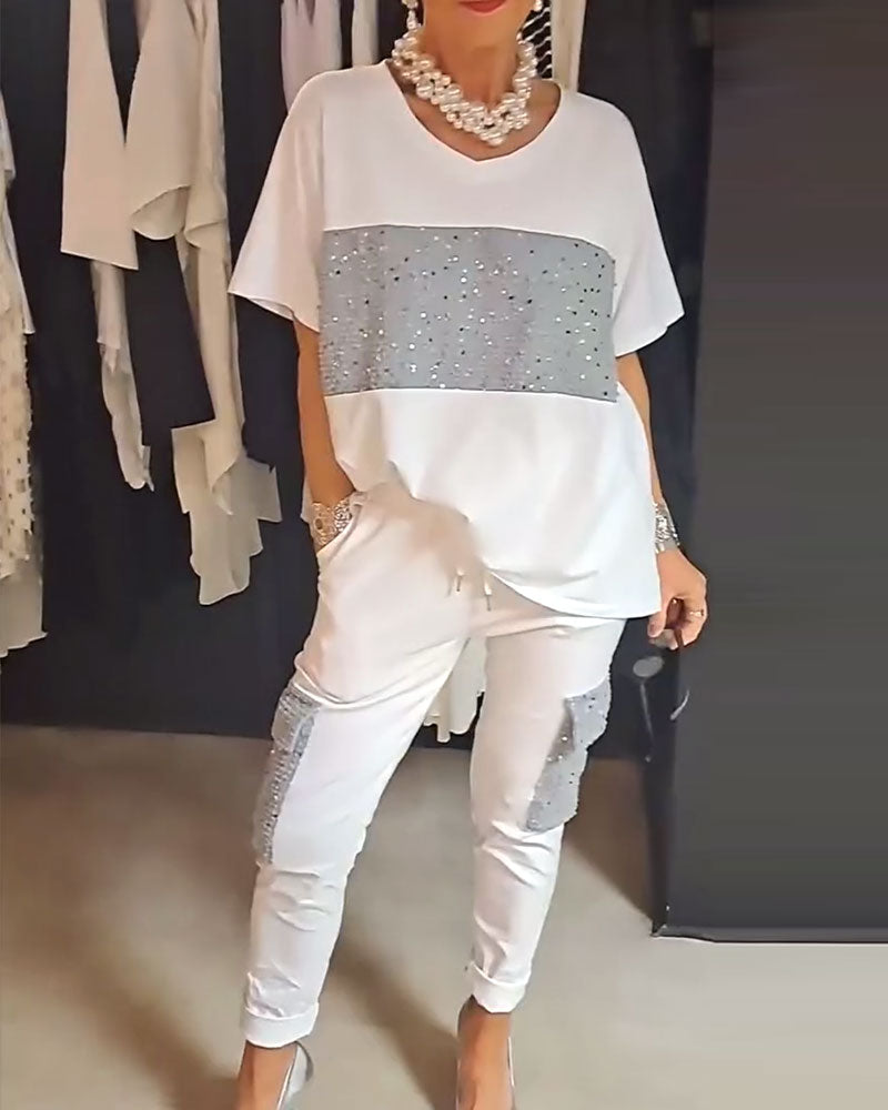 Sequin splicing short-sleeve T-shirt and pants casual sets spring summer two-piece sets