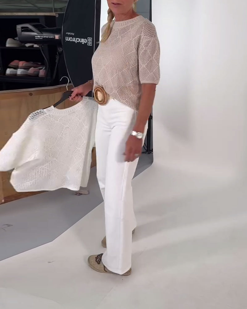 Round Neck Solid Color Hollow Pullover