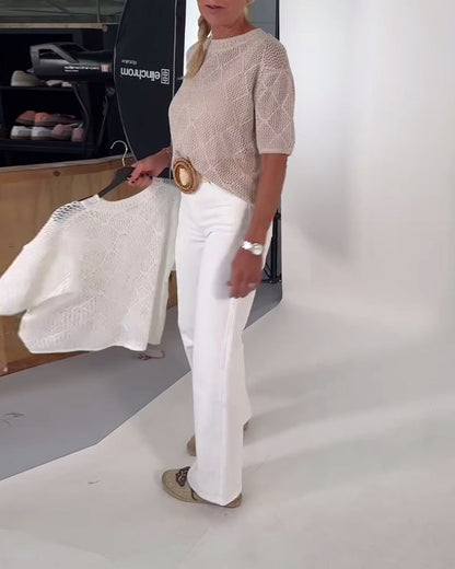 Round Neck Solid Color Hollow Pullover