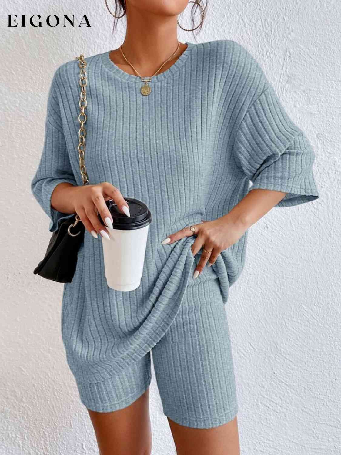 Ribbed Round Neck Top and Shorts Set Misty Blue 2 pieces clothes pants set set Ship From Overseas Shipping Delay 09/29/2023 - 10/03/2023 sweater set Y@L@Y
