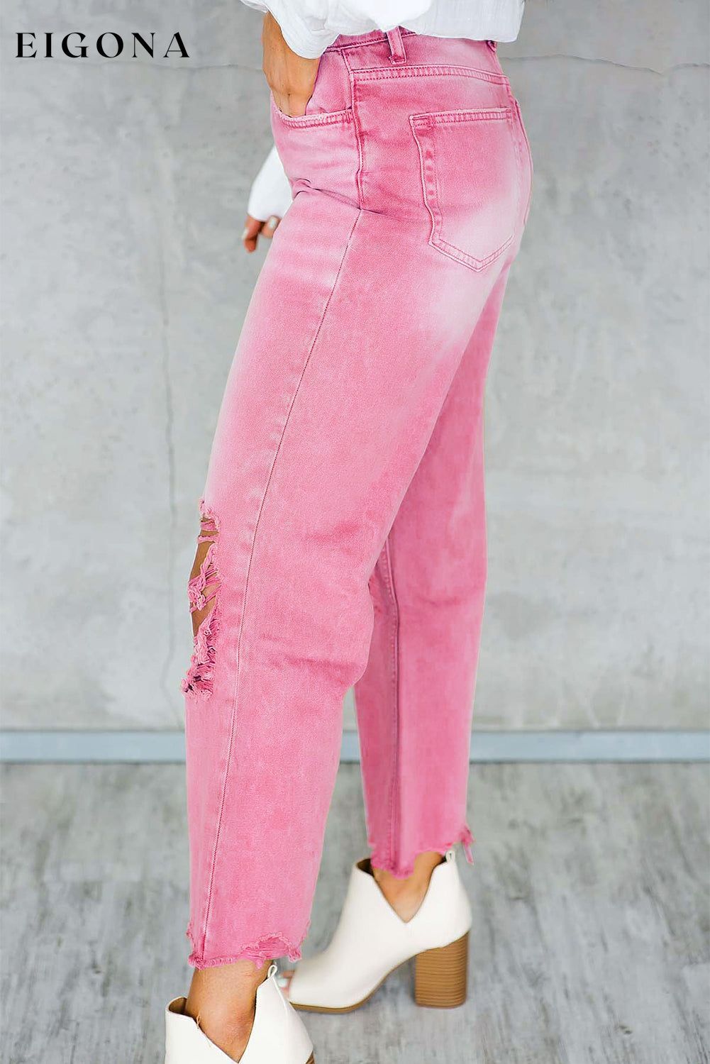 Peach Blossom Distressed Hollow-out High Waist Cropped Flare Jeans All In Stock Best Sellers bottoms clothes Color Pink Craft Distressed Craft Washed EDM Monthly Recomend Fabric Denim Jeans Occasion Daily Print Solid Color Season Spring Silhouette Wide Leg Style Southern Belle Women's Bottoms