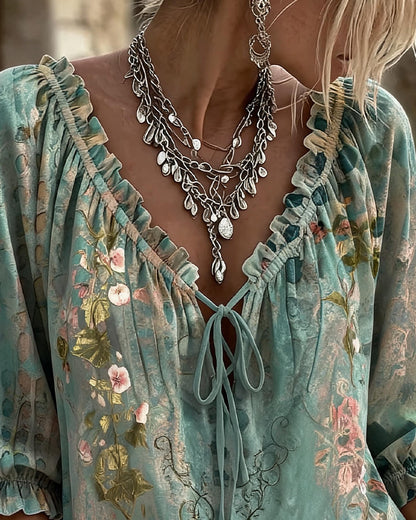Floral Print Drawstring Three-Quarter Sleeve Blouse