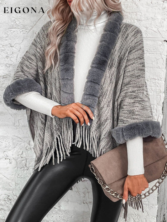 Open Front Fringe Hem Faux Fur Poncho Charcoal clothes poncho Ship From Overseas Shipping Delay 09/30/2023 - 10/03/2023 Sounded Sweater sweaters
