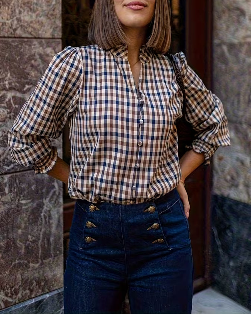 V-Neck Plaid Print Shirt