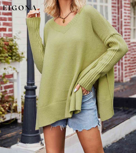 V-Neck Slit Exposed Seam Sweater Lime Cardigan clothes SF Knit Ship From Overseas Sweater Sweaters