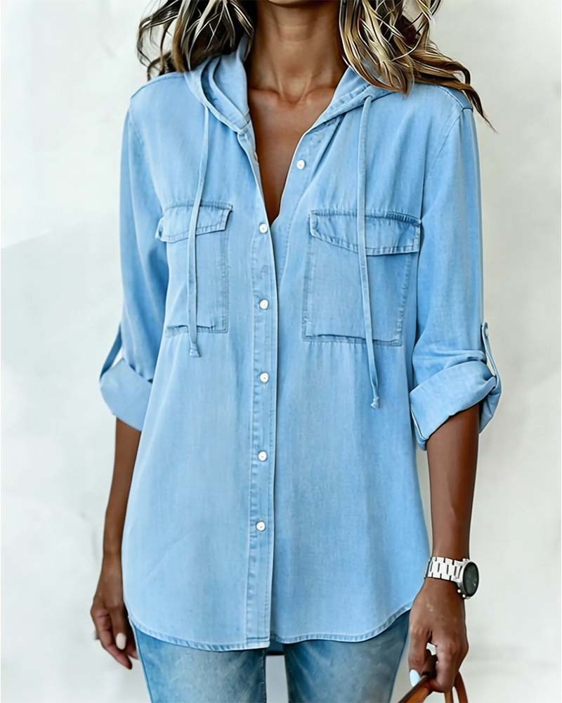 Women's Hooded Faux Denim Shirt
