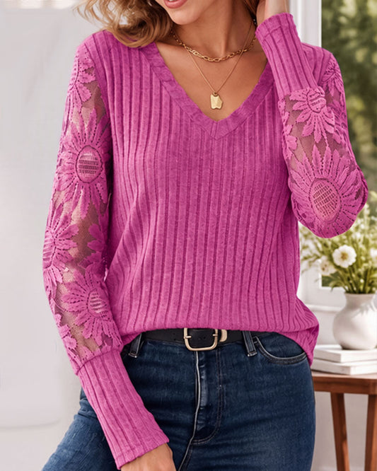 Stylish Lace Trim Patchwork Top 2024 f/w spring tops