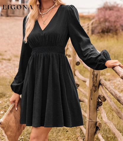 V-Neck Long Sleeve Smocked Waist Mini Dress Black casual dress casual dresses clothes dress dresses long sleeve dress long sleeve dresses mini dress S.N Ship From Overseas