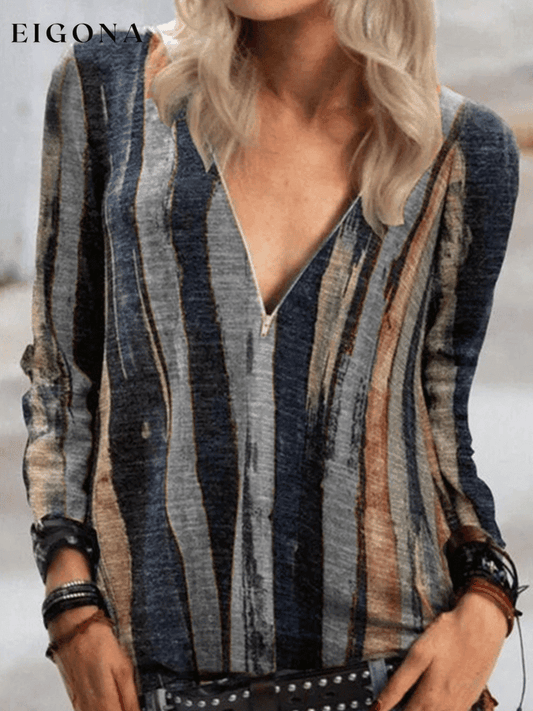 Women's Tie Dyed Striped V-neck Zip Shirt top tops