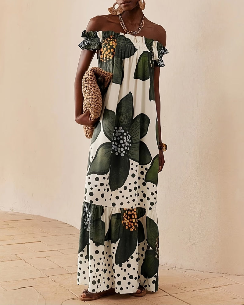 One Shoulder Polka Dot Floral Maxi Dress
