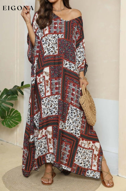 Printed V-Neck Split Maxi Dress Deep Red One Size clothes O & Y.M Ship From Overseas trend