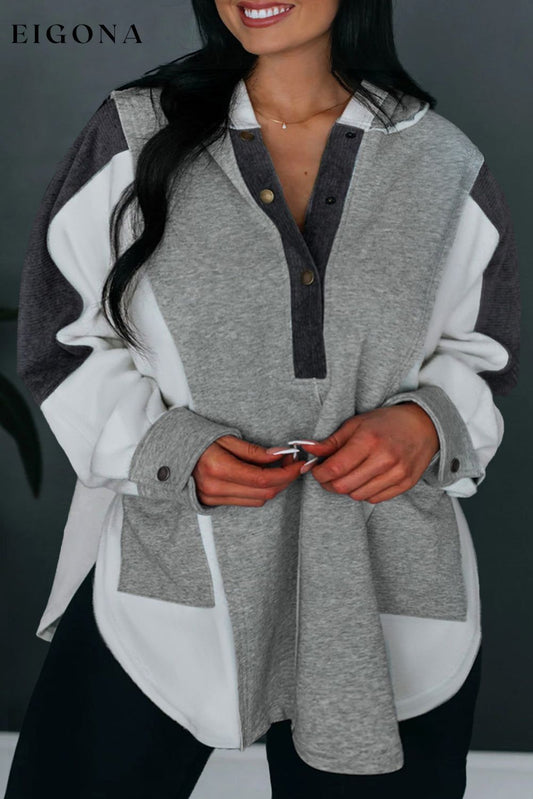 Medium Grey Plus Size Colorblock Patchwork Curved Hem Henley Hoodie Medium Grey 65%Polyester+35%Cotton All In Stock clothes Craft Patchwork EDM Monthly Recomend Hot picks long sleeve shirt long sleeve shirts Print Color Block Season Winter shirt shirts Style Casual Sweater sweaters