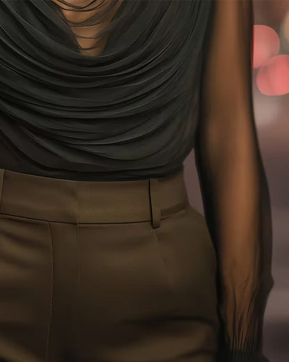 Mesh High-Neck Sheer Ruched Blouse