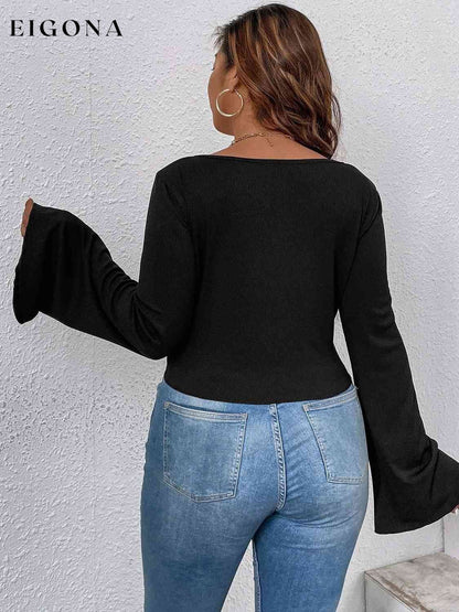 Plunge Flare Sleeve Top clothes long sleeve shirt long sleeve shirts long sleeve top long sleeve tops Ship From Overseas shirt shirts top tops Y@Q@S