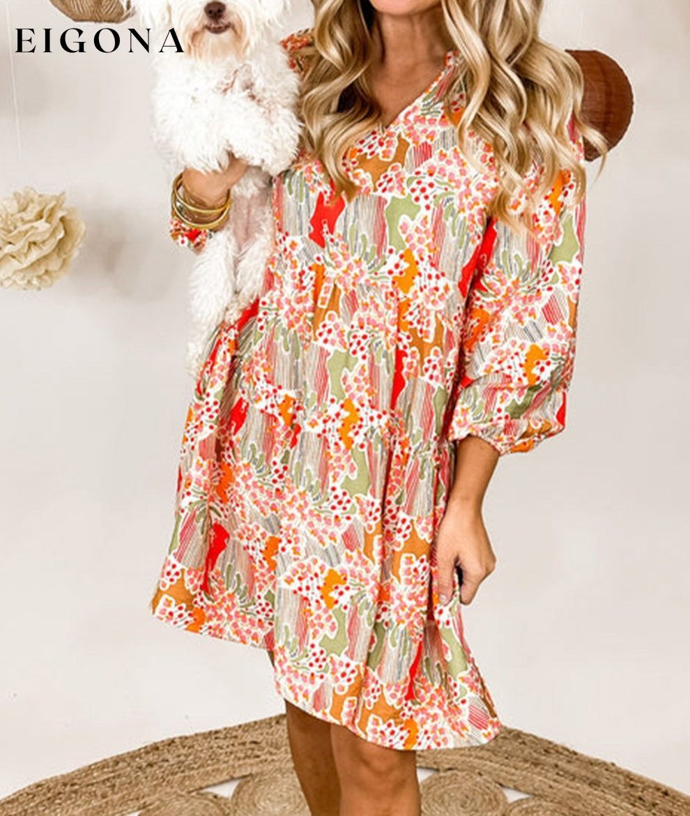 Multicolour Split Neck Puff Sleeve Flowy Printed Dress Best Sellers clothes Color Multicolor Color Orange EDM Monthly Recomend Hot picks Occasion Daily Print Floral Season Spring Silhouette A-Line Style Southern Belle