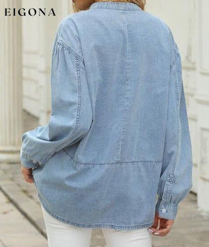 Notched Neck Denim Top clothes long sleeve shirts long sleeve top Ship From Overseas shirt shirts SYNZ top tops