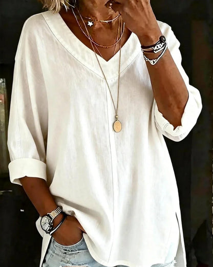 V-Neck Seven-Part Sleeve Split Cotton Linen Top