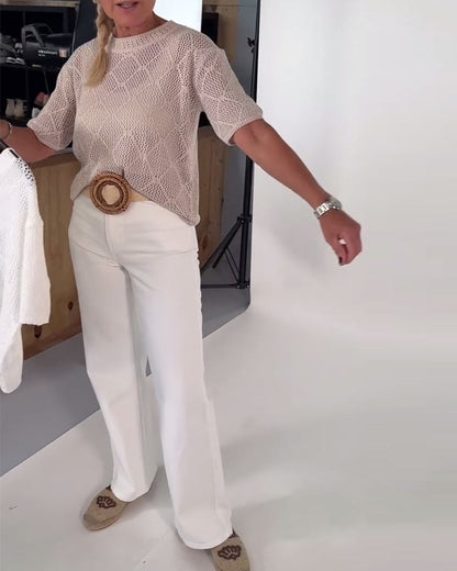 Round Neck Solid Color Hollow Pullover