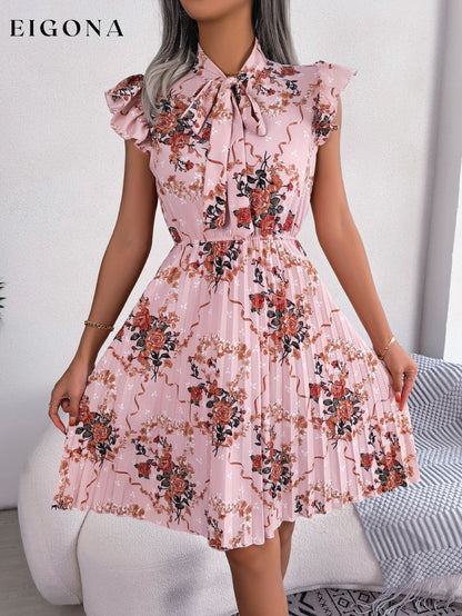 Pleated Floral Printed Tie Neck Knee Length Short Sleeve Dress Blush Pink B.J.S casual dress casual dresses clothes dress dresses Ship From Overseas short dress short dresses short sleeve dress short sleeve dresses