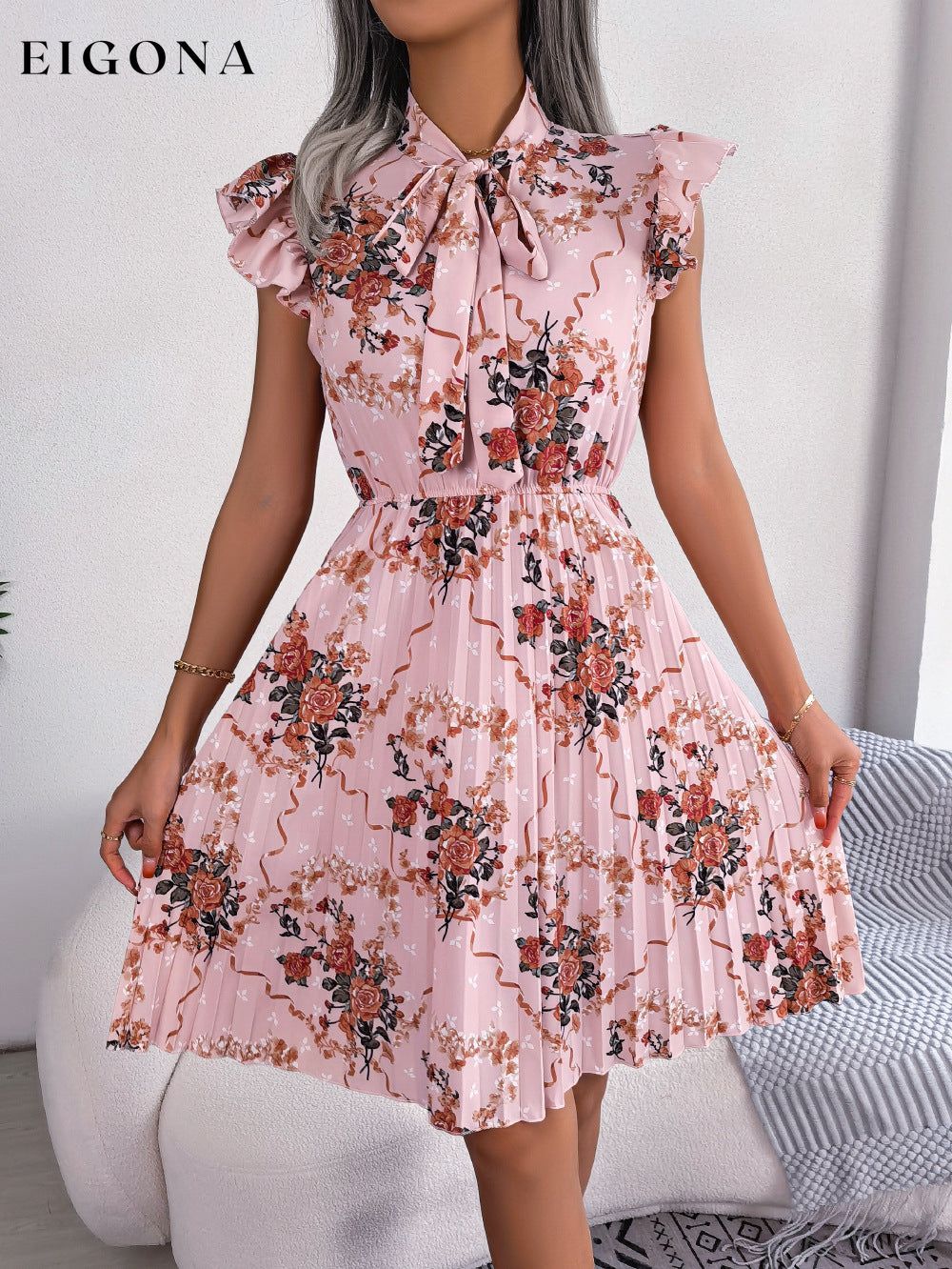 Pleated Floral Printed Tie Neck Knee Length Short Sleeve Dress B.J.S casual dress casual dresses clothes dress dresses Ship From Overseas short dress short dresses short sleeve dress short sleeve dresses