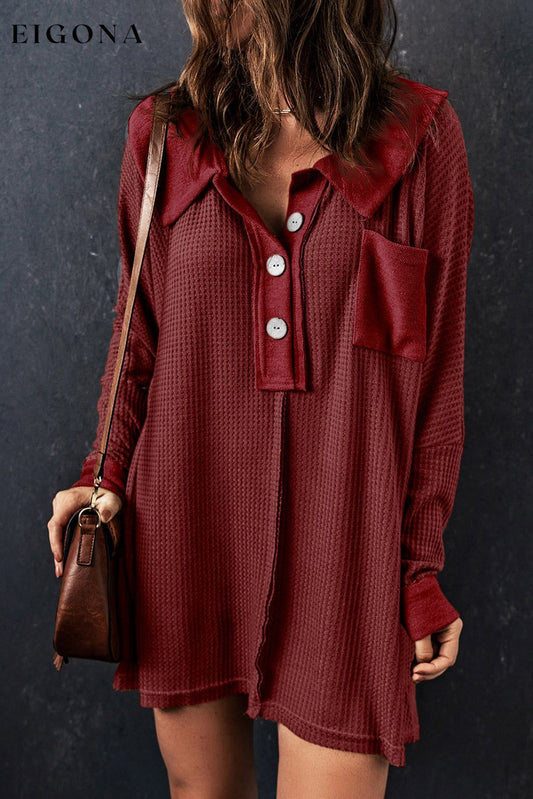 Red Waffle Knit Buttoned Long Sleeve Top Red 95%Polyester+5%Elastane clothes Color Red DL Chic DL Exclusive Fabric Waffle Knit long sleeve top long sleeve tops Occasion Daily Print Solid Color Season Fall & Autumn shirt shirts Style Casual top tops