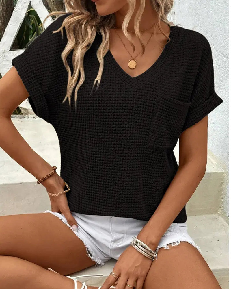 Women's Waffle Knit V-Neck Casual Summer T-shirt