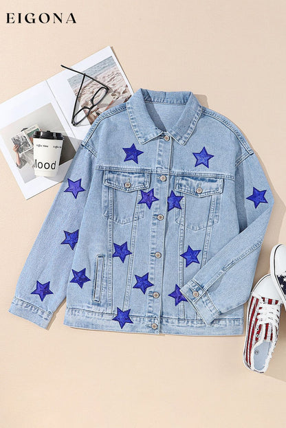 Bluing Sequin Star Flap Pocket Denim Jacket All In Stock Category Shacket clothes Color Blue Craft Sequin EDM Monthly Recomend Fabric Denim Hot picks Occasion Daily Season Fall & Autumn Style Western