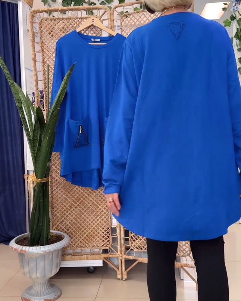 Felpa con scollo tondo e tasca con cerniera tinta unita