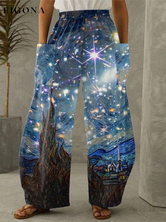 Oil Painting & Space Image Print With Pockets Wide-Leg Trousers starry