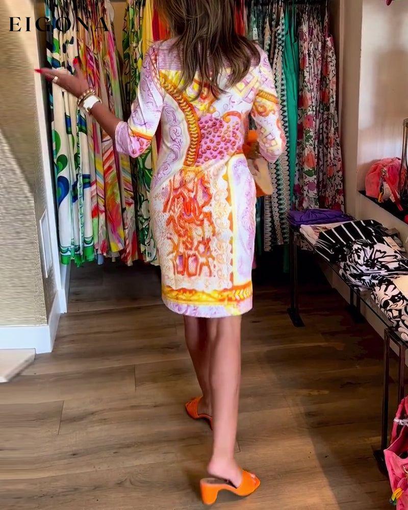 Elegant printed cutout three-quarter sleeve midi dress casual dresses spring summer