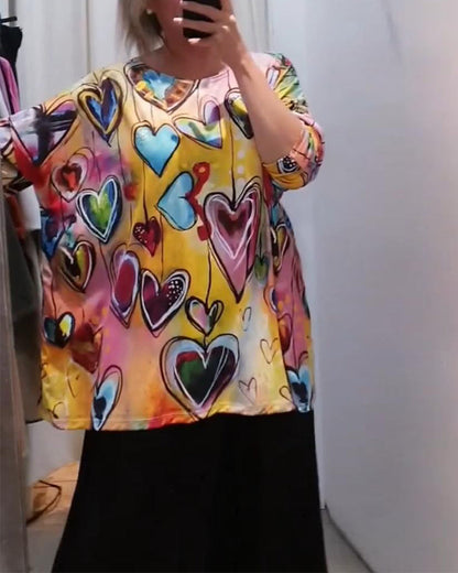 Colorful love printed round neck casual top blouses & shirts spring summer